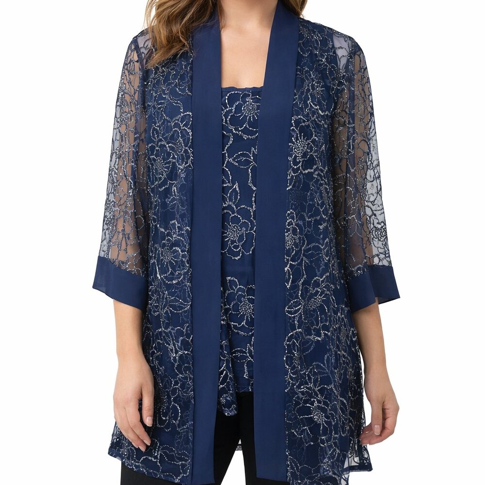 R&M Richards Navy Blue Glitter Lace 2PC Jacket Dress Set 14W Mother of the Bride